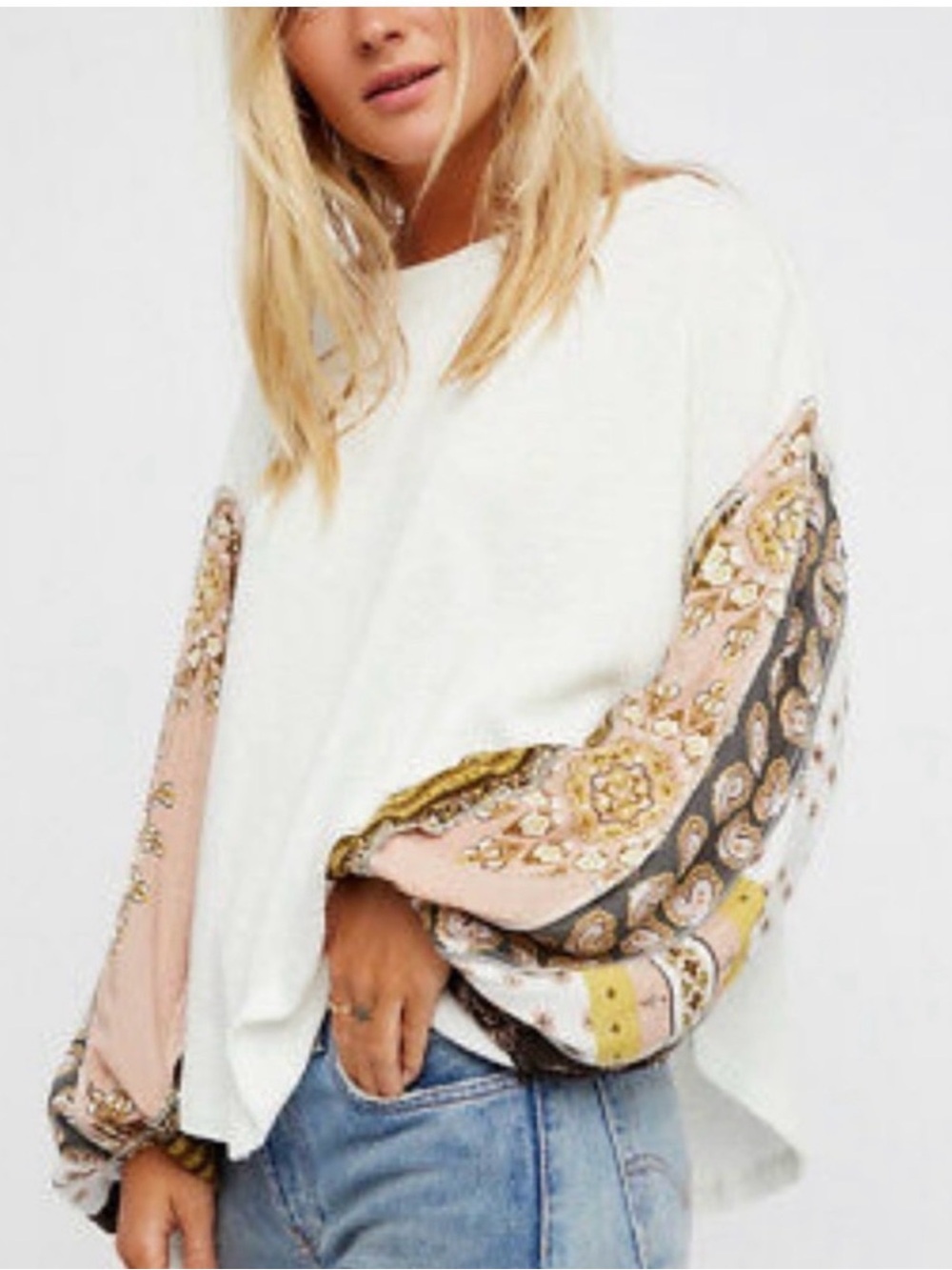 We The Free Cream Waffle Knit Top with Paisley Balloon Sleeves